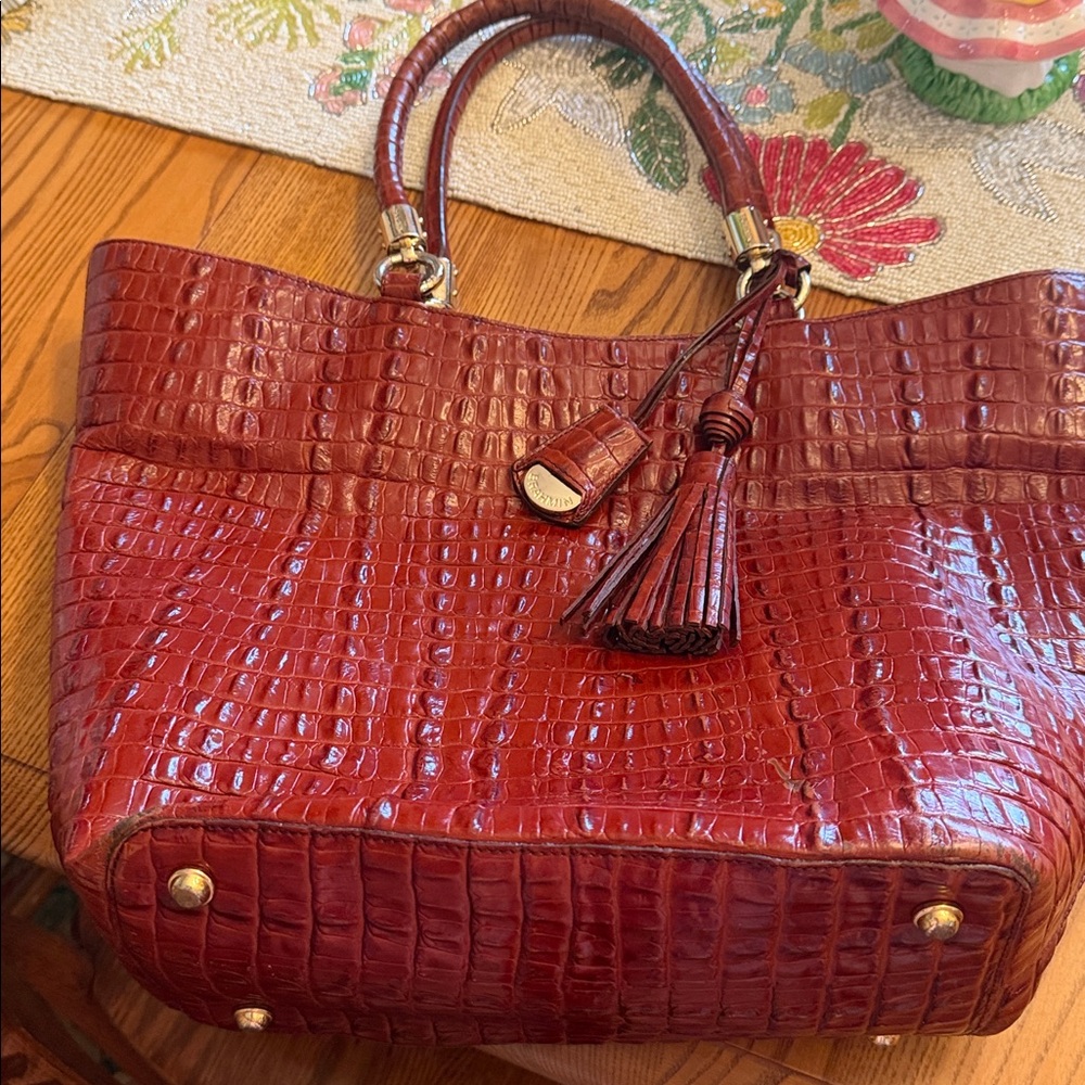 Brahmin Tote Bag Croc Embossed Leather Satchel Brown Designer Large Purse - Picture 3 of 8